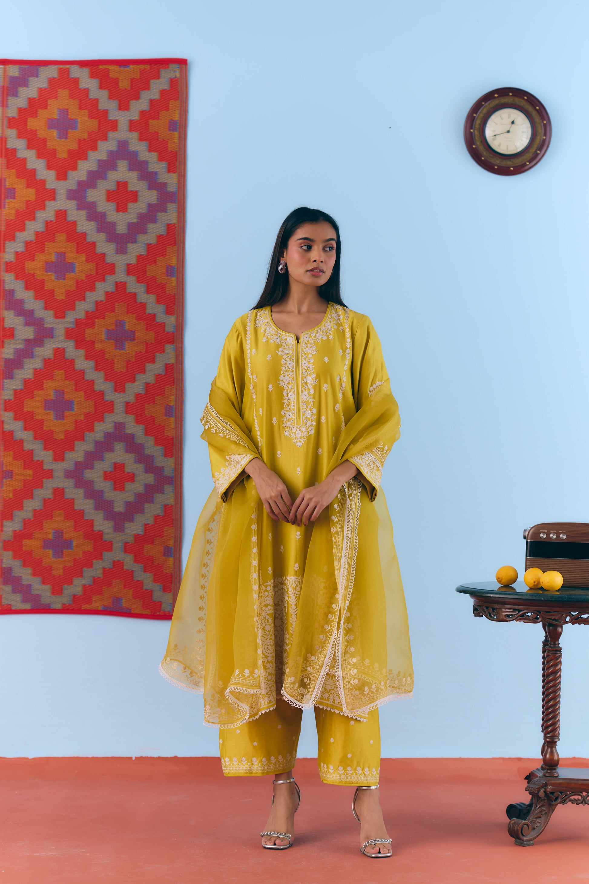 Yellow Silk Chanderi Kurta Set with White Thread & Pita Embroidery