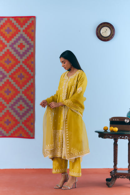 Yellow Silk Chanderi Kurta Set with White Thread & Pita Embroidery