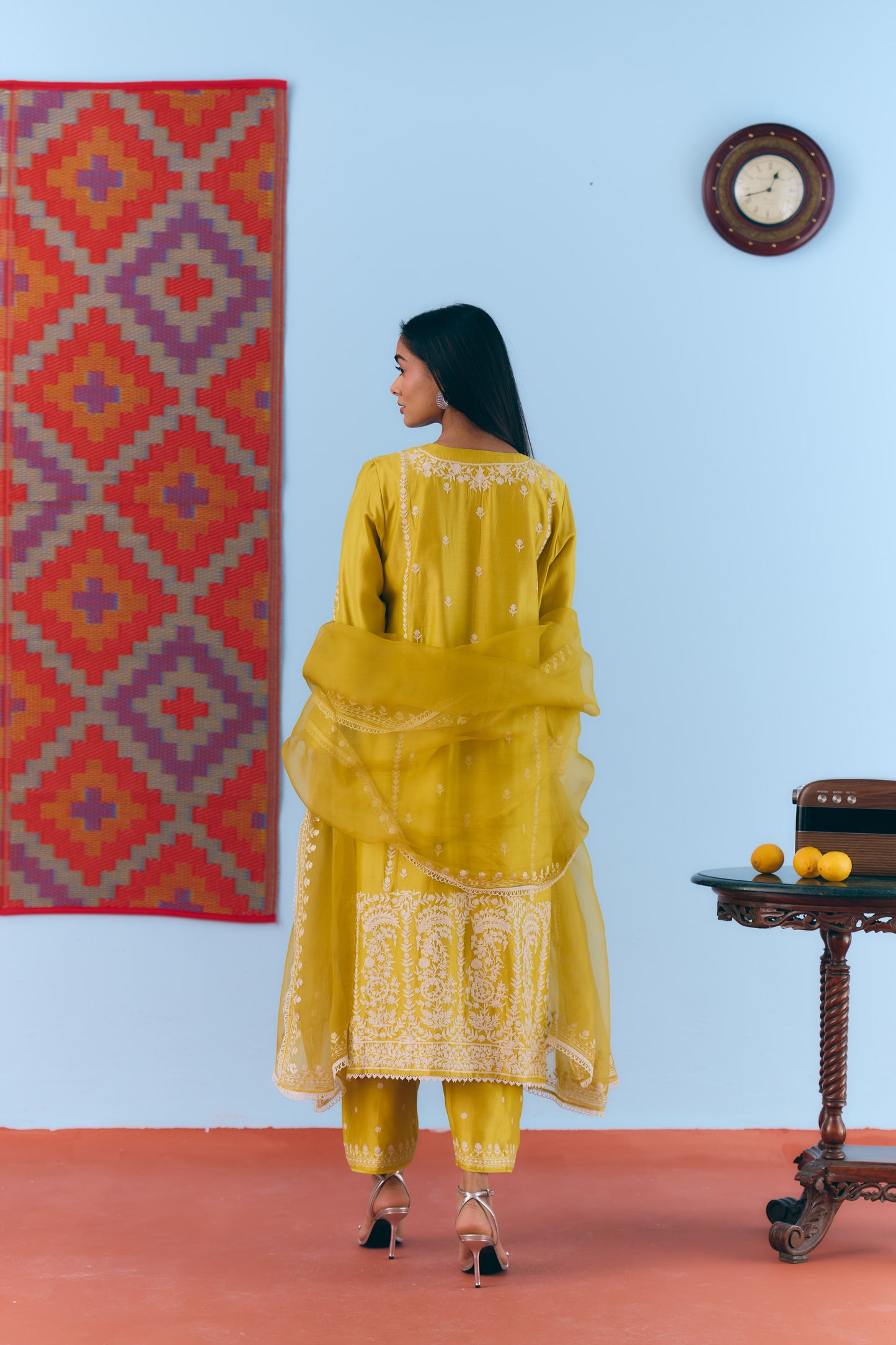 Yellow Silk Chanderi Kurta Set with White Thread & Pita Embroidery