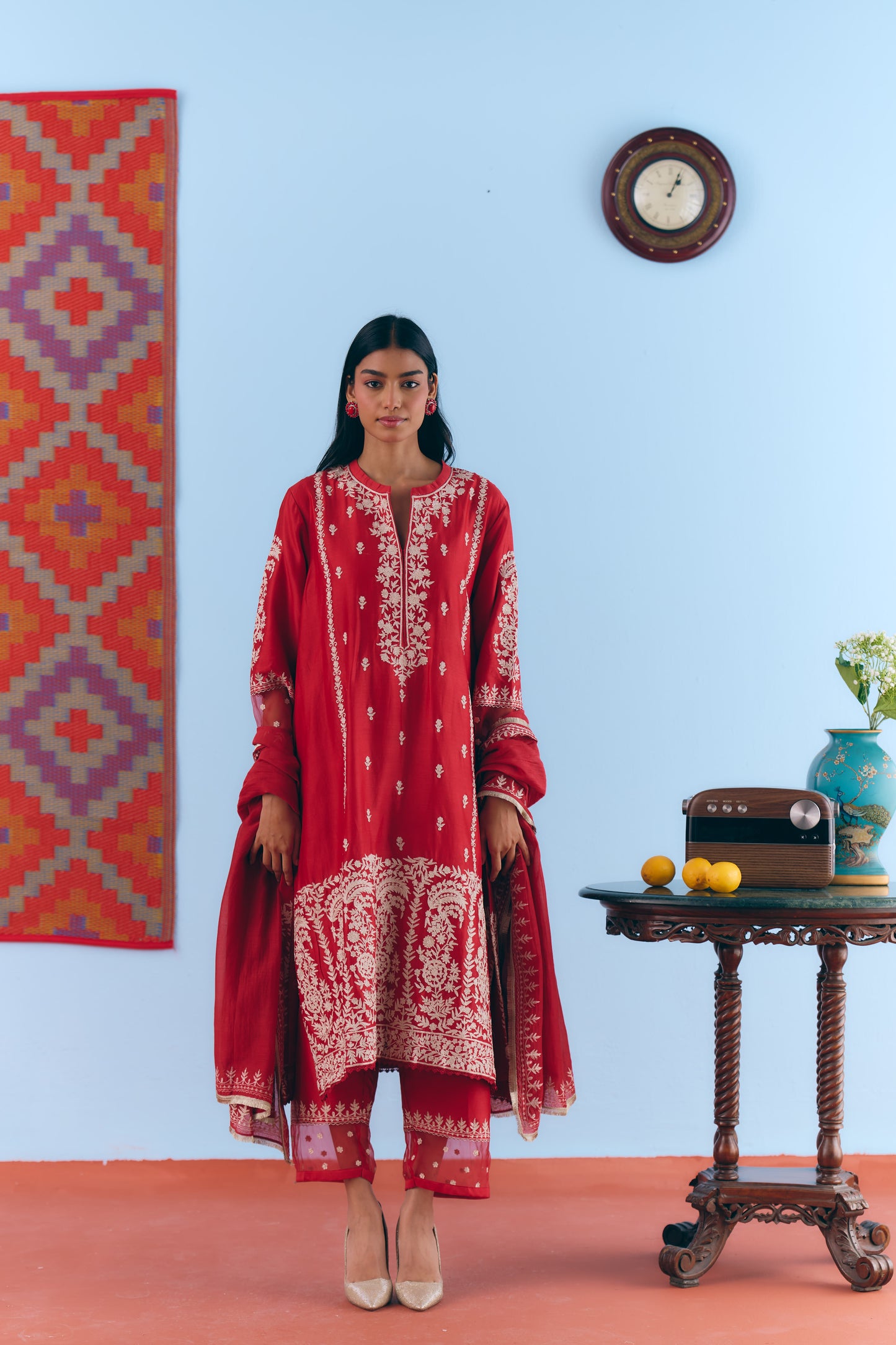 Red Silk Chanderi Kurta Set with White Thread & Pita Embroidery