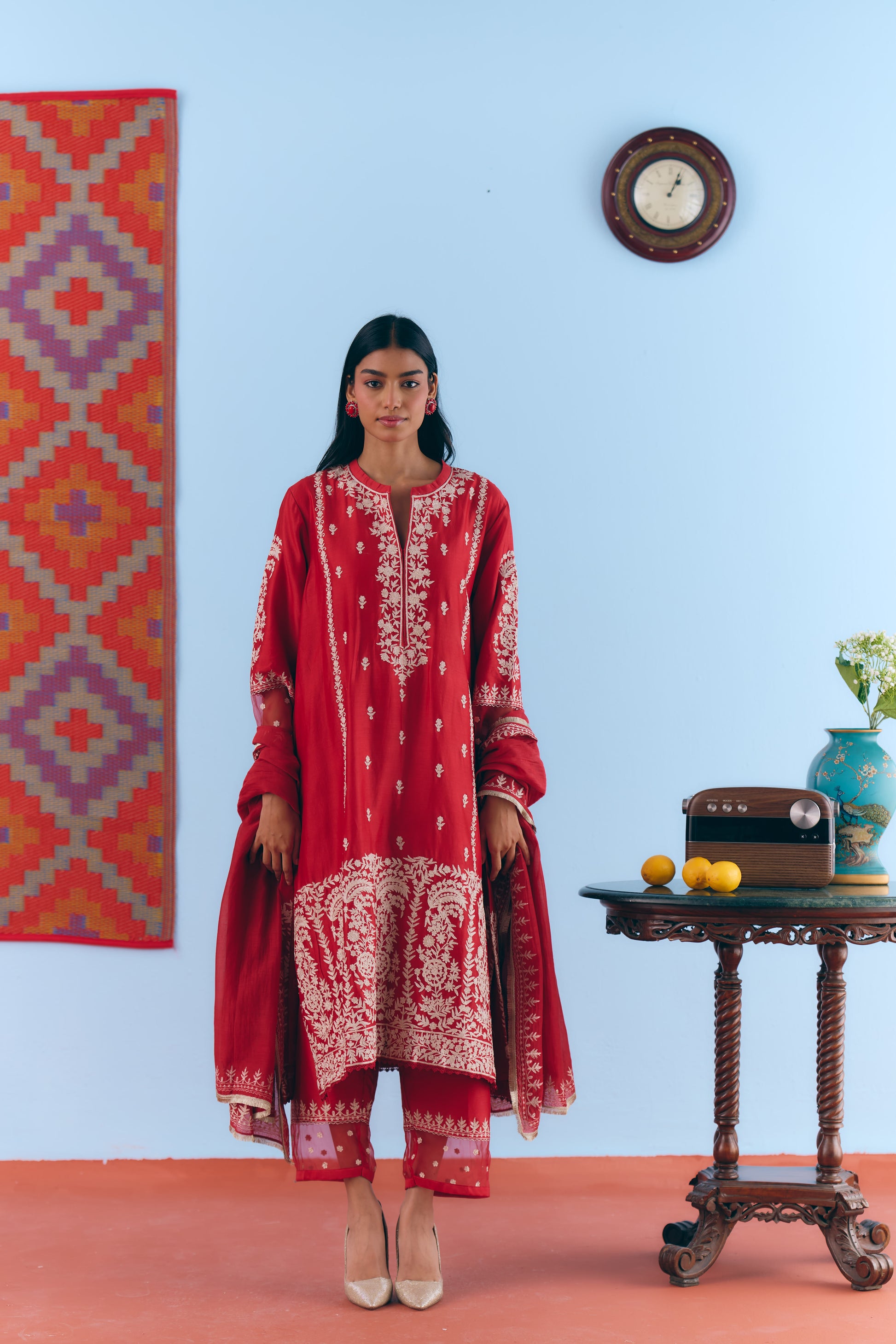 Red Silk Chanderi Kurta Set with White Thread & Pita Embroidery