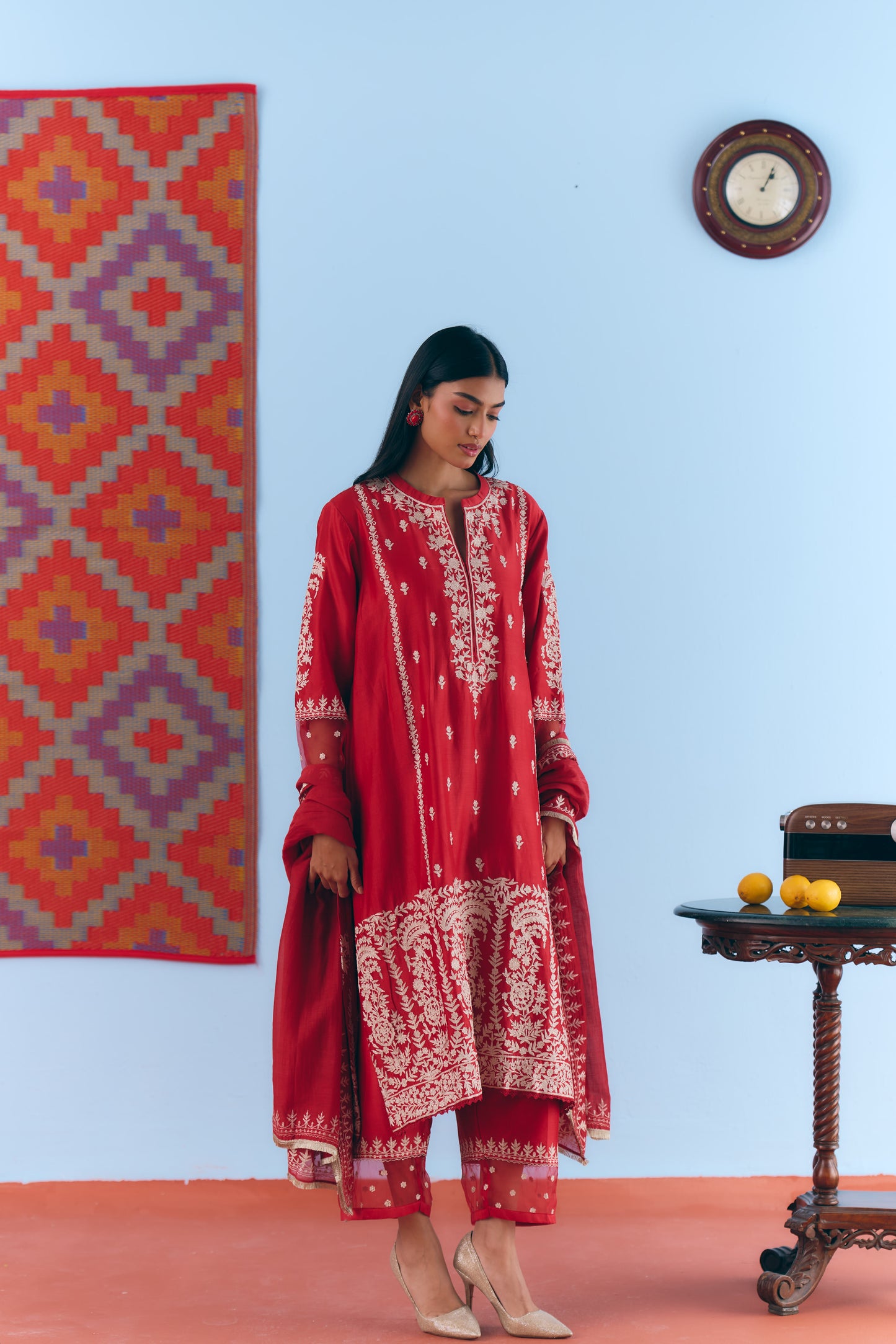 Red Silk Chanderi Kurta Set with White Thread & Pita Embroidery