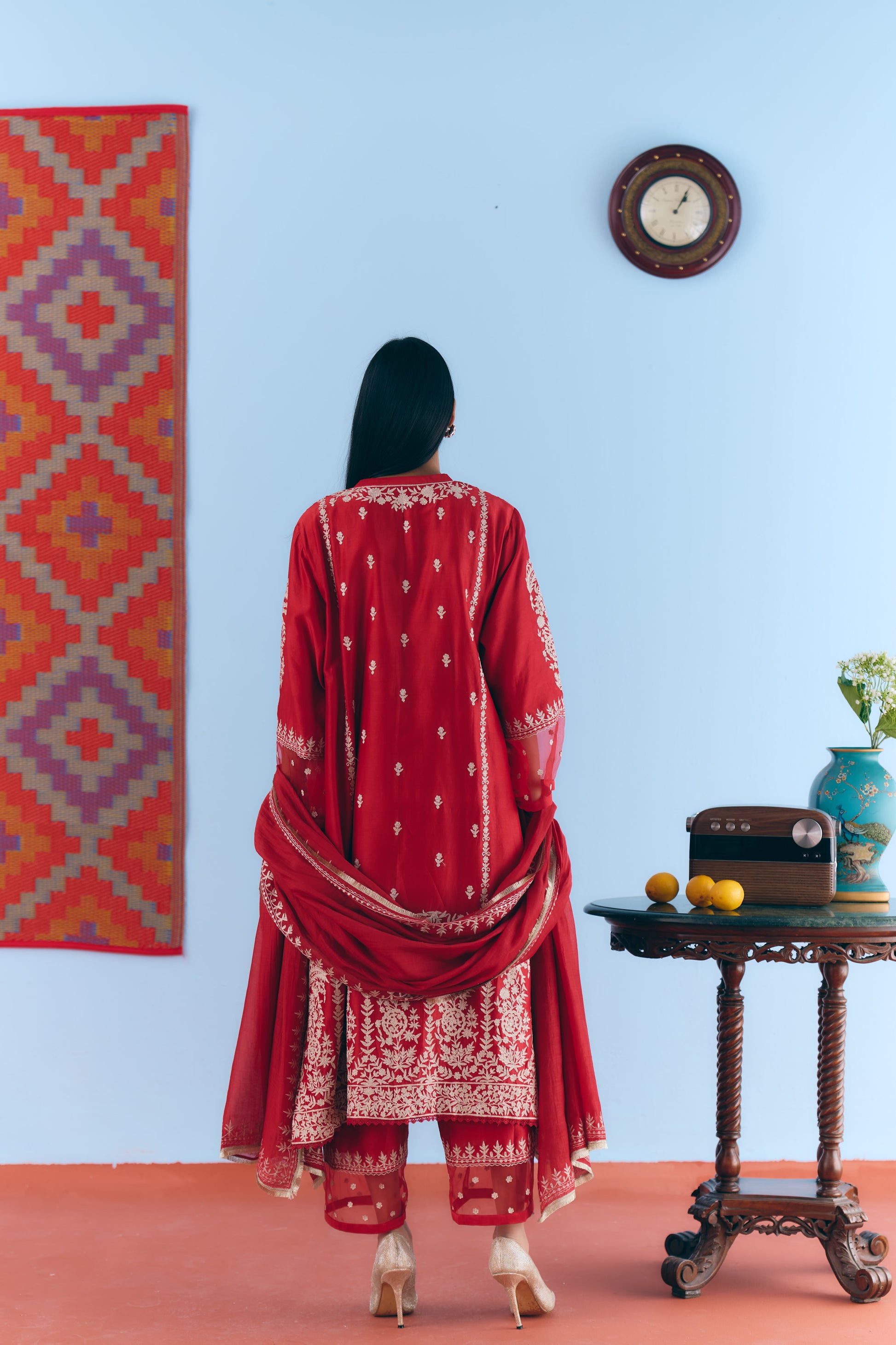 Red Silk Chanderi Kurta Set with White Thread & Pita Embroidery