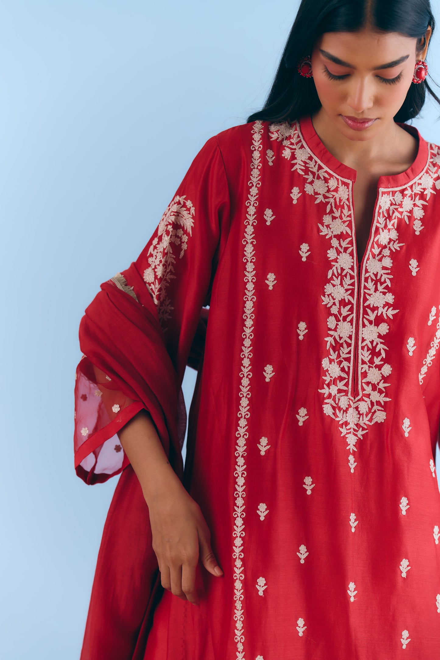 Red Silk Chanderi Kurta Set with White Thread & Pita Embroidery