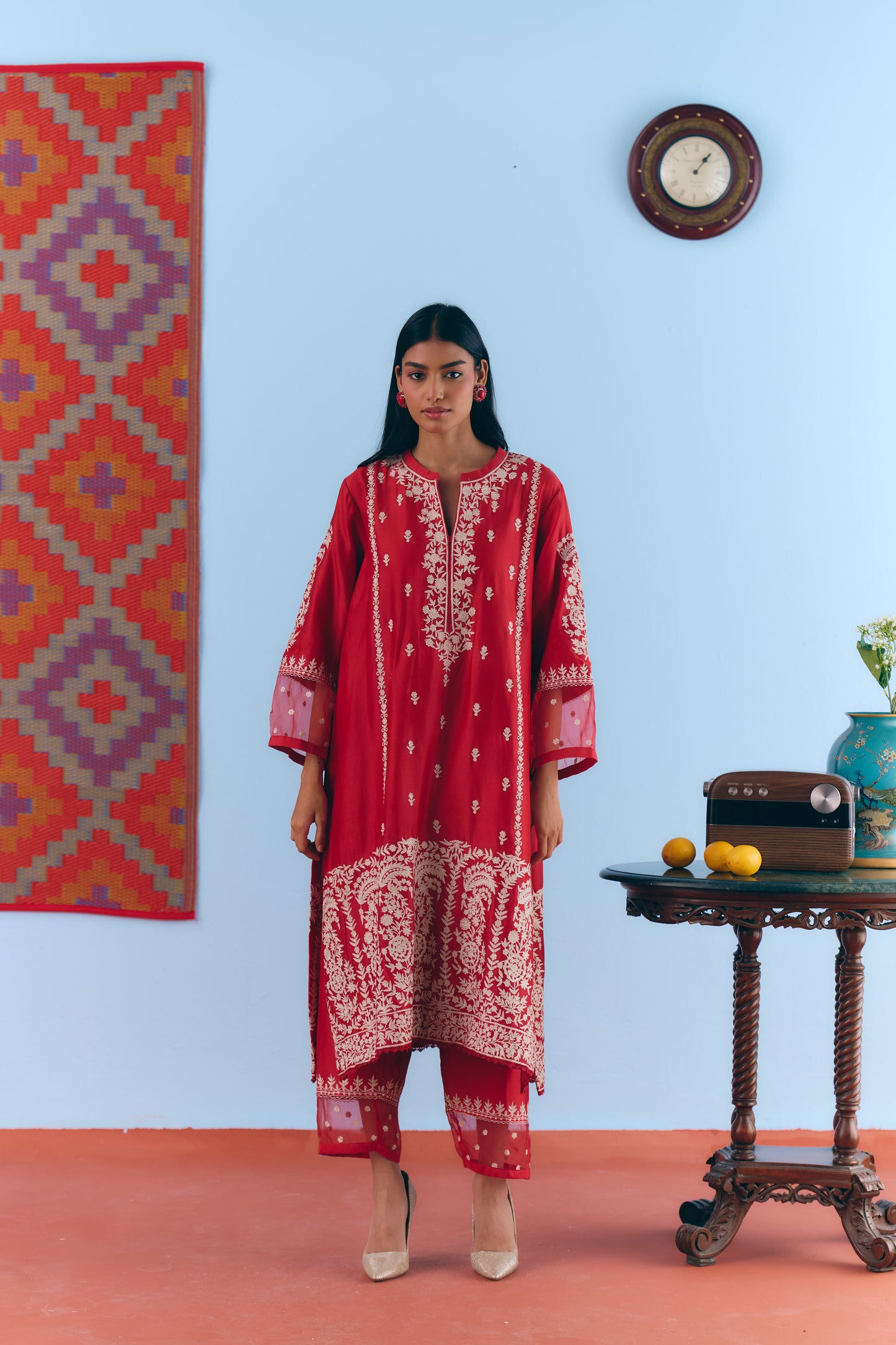 Red Silk Chanderi Kurta Set with White Thread & Pita Embroidery