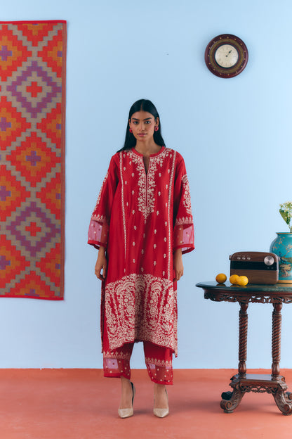 Red Silk Chanderi Kurta Set with White Thread & Pita Embroidery