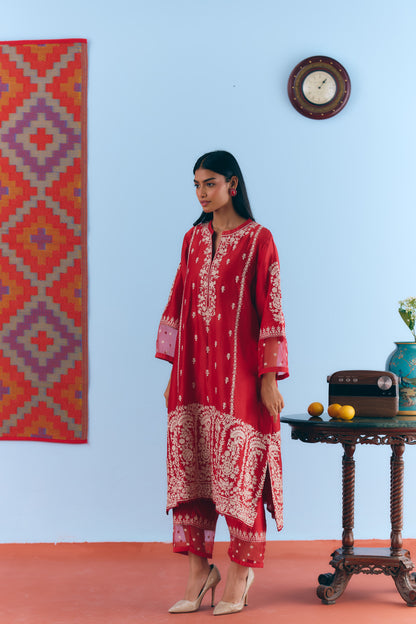 Red Silk Chanderi Kurta Set with White Thread & Pita Embroidery