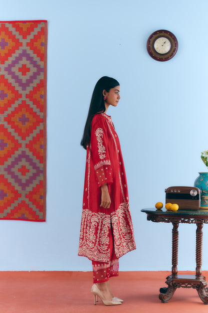 Red Silk Chanderi Kurta Set with White Thread & Pita Embroidery