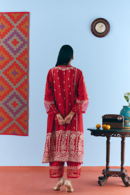 Red Silk Chanderi Kurta Set with White Thread & Pita Embroidery