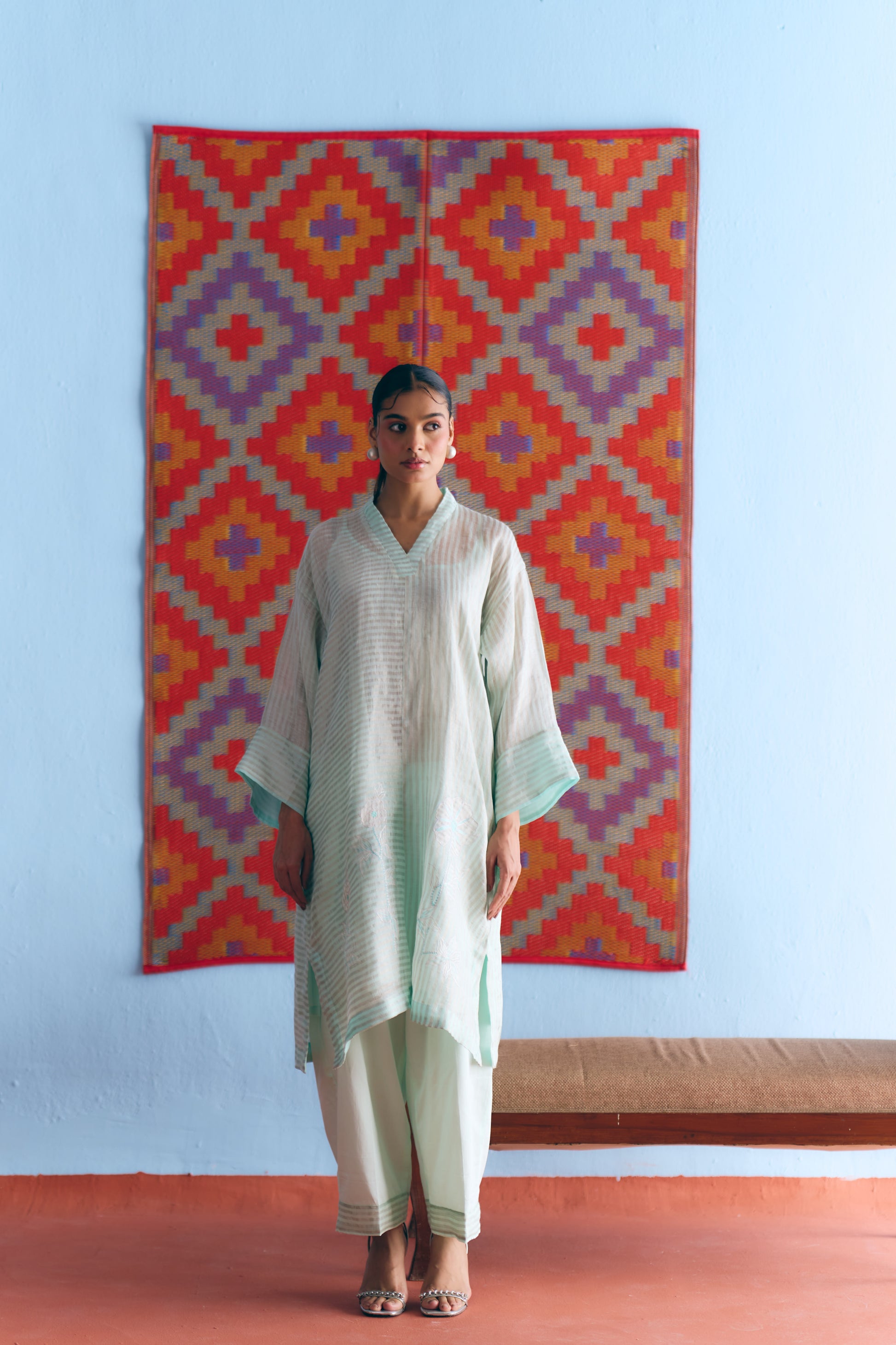 Sky Blue Handwoven Linen & Tissue Antifit Co-ord with Zari Patchwork