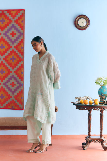 Sky Blue Handwoven Linen & Tissue Antifit Co-ord with Zari Patchwork