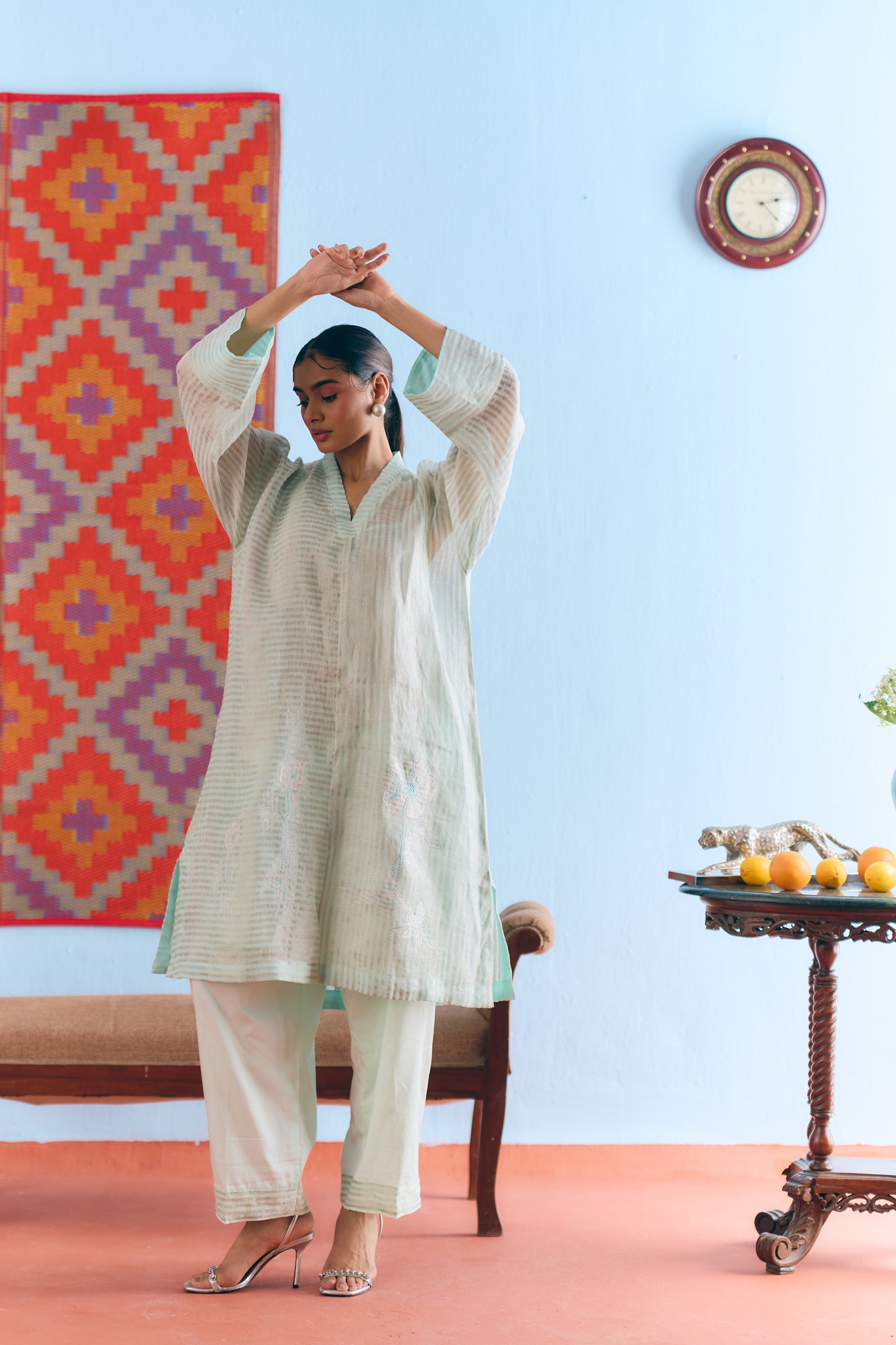 Sky Blue Handwoven Linen & Tissue Antifit Co-ord with Zari Patchwork