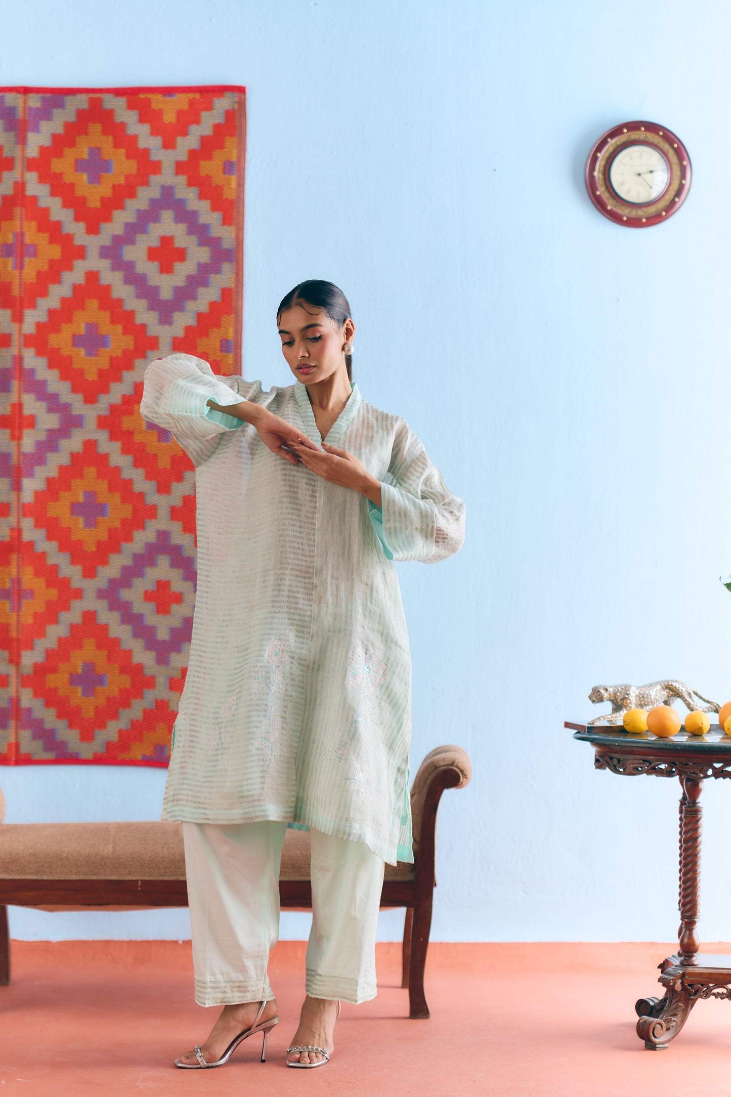 Sky Blue Handwoven Linen & Tissue Antifit Co-ord with Zari Patchwork