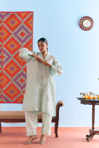 Sky Blue Handwoven Linen & Tissue Antifit Co-ord with Zari Patchwork
