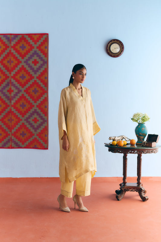 Lime Handwoven Linen & Tissue Antifit Co-ord with Zari Patchwork