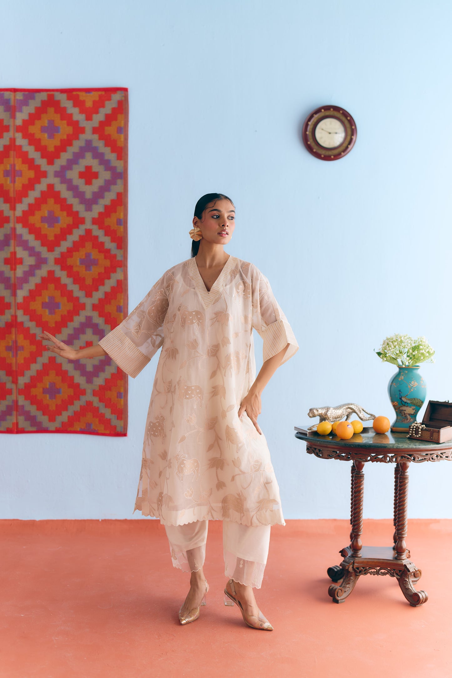 White Chanderi Antifit Co-ord with Dull Gold Tissue Appliqué