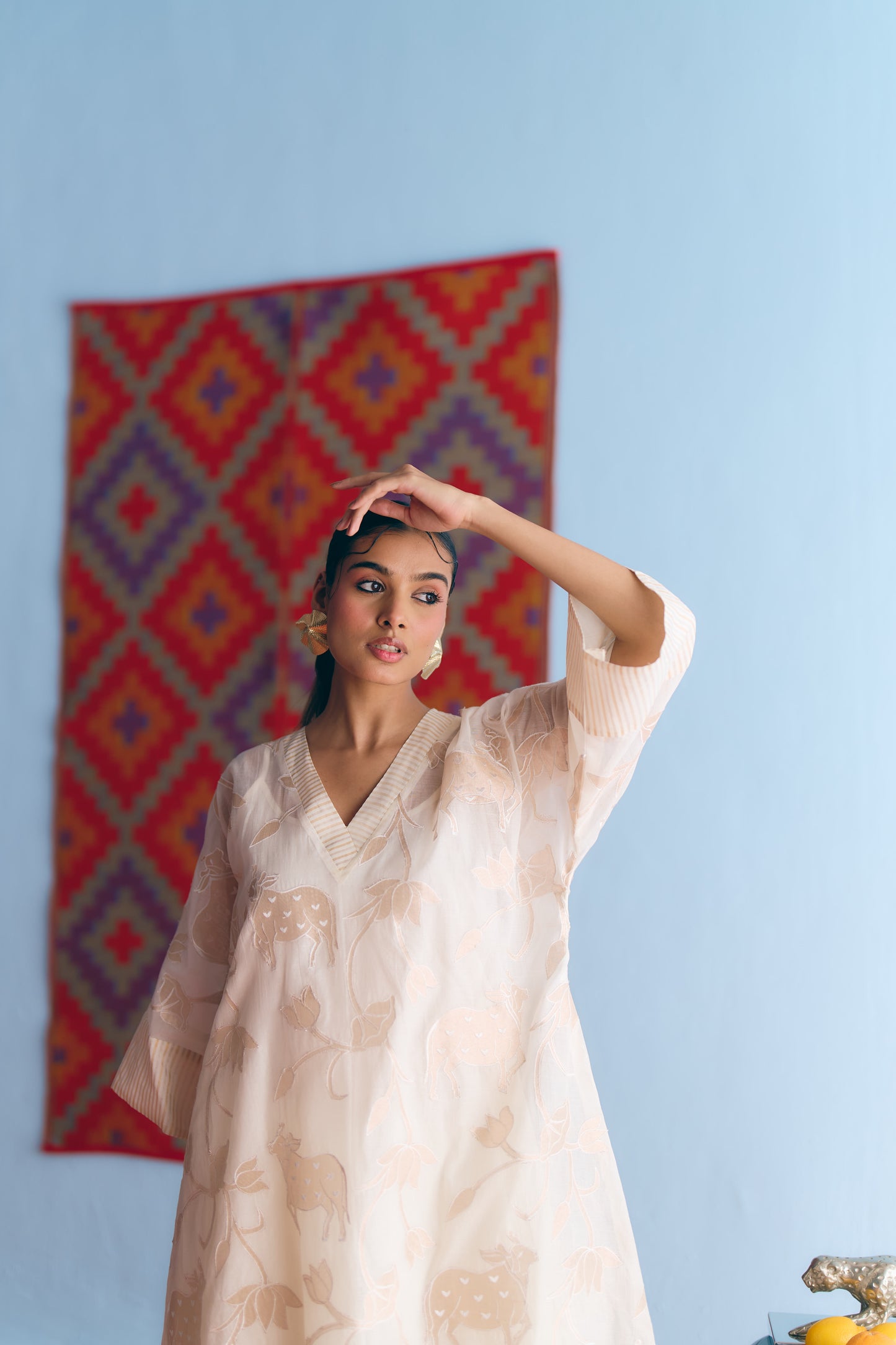White Chanderi Antifit Co-ord with Dull Gold Tissue Appliqué