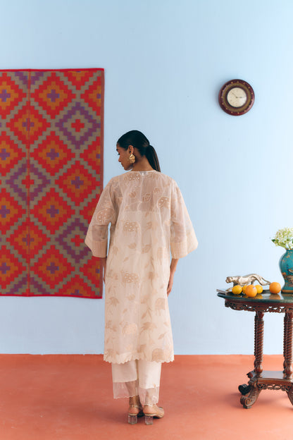 White Chanderi Antifit Co-ord with Dull Gold Tissue Appliqué