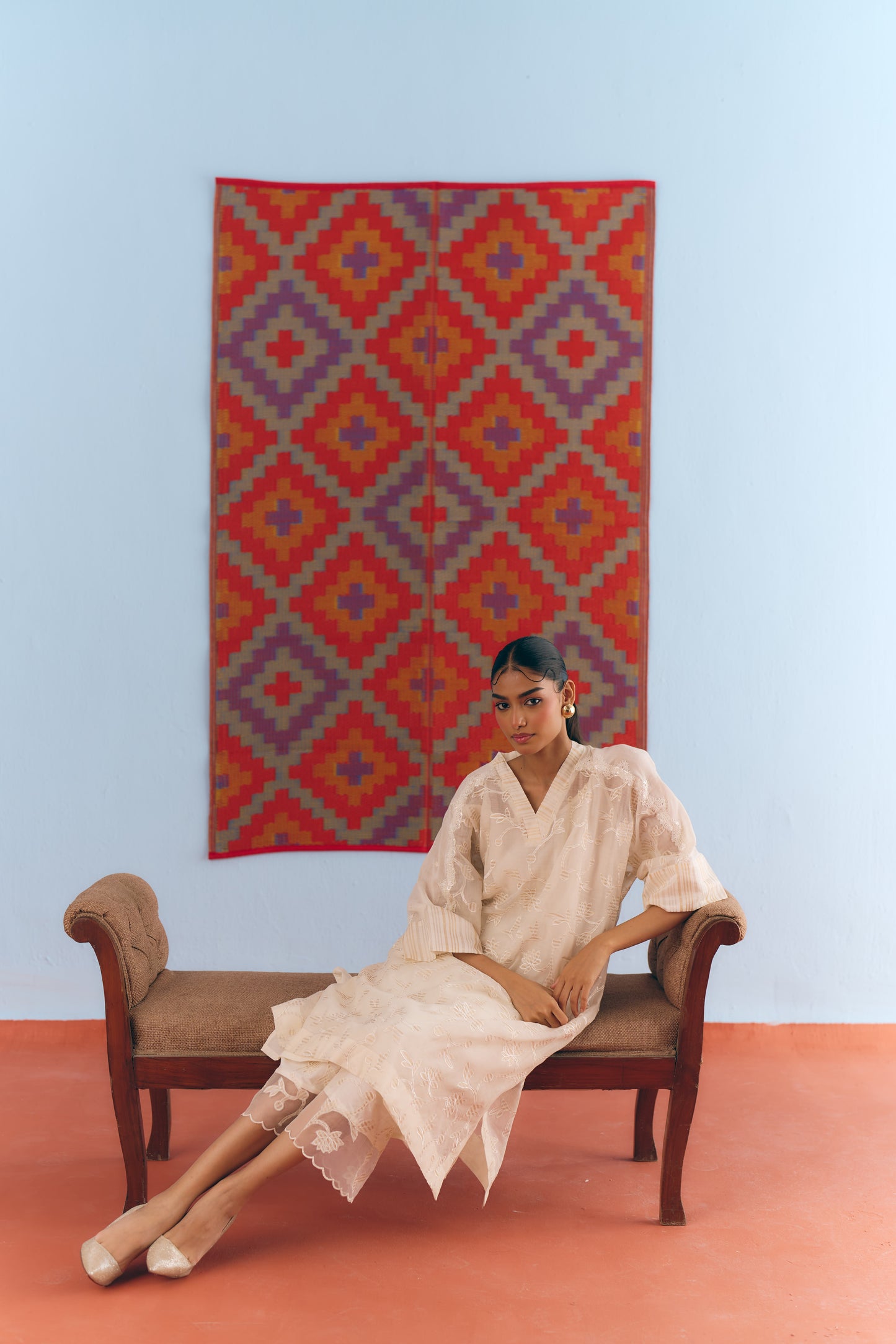 White Chanderi Antifit Co-ord with Dull Gold Tissue Appliqué