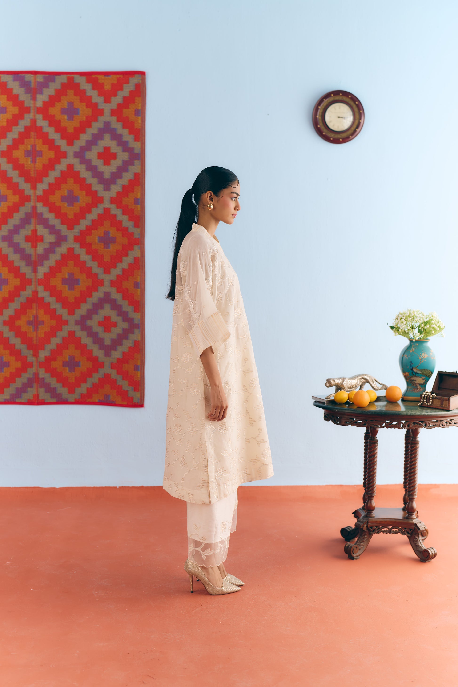 White Chanderi Antifit Co-ord with Dull Gold Tissue Appliqué