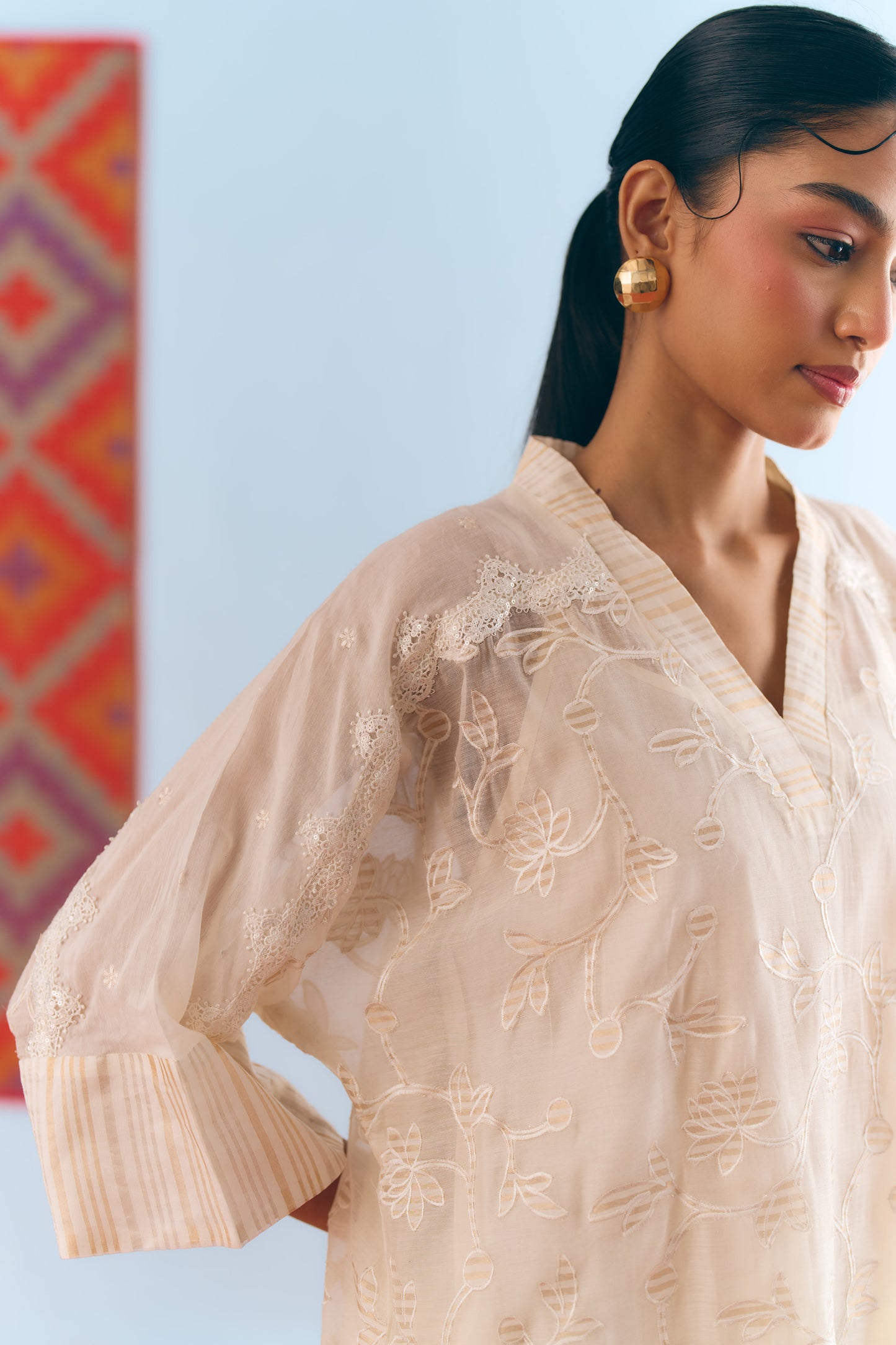 White Chanderi Antifit Co-ord with Dull Gold Tissue Appliqué