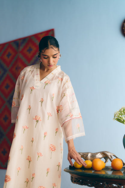 White Chanderi Antifit Co-ord with Pink Cross Stitch Embroidery