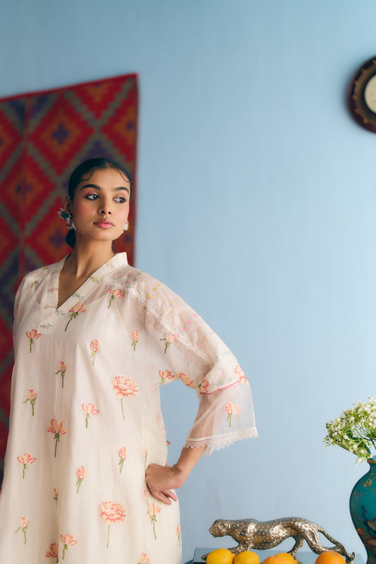 White Chanderi Antifit Co-ord with Pink Cross Stitch Embroidery