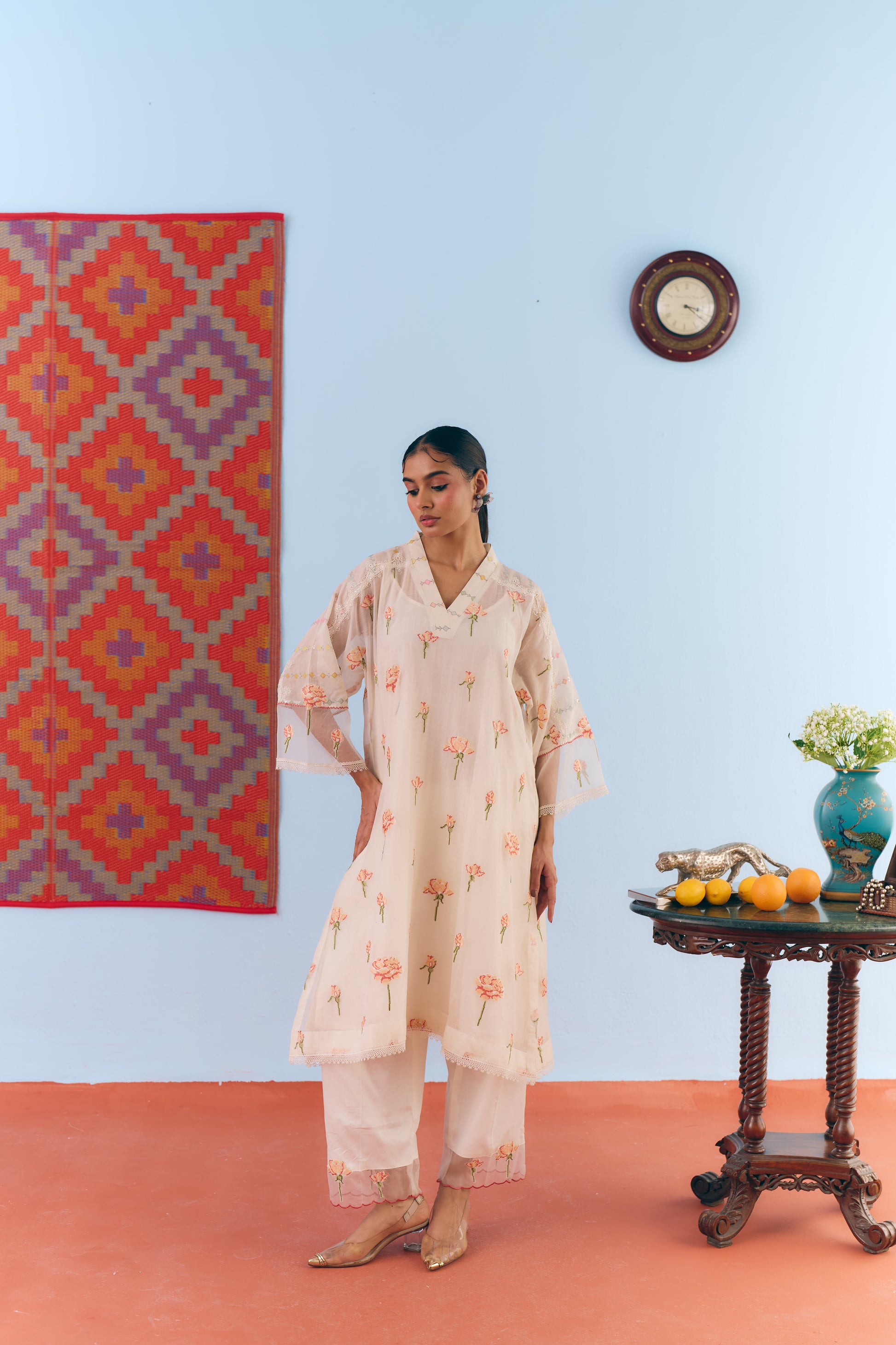 White Chanderi Antifit Co-ord with Pink Cross Stitch Embroidery