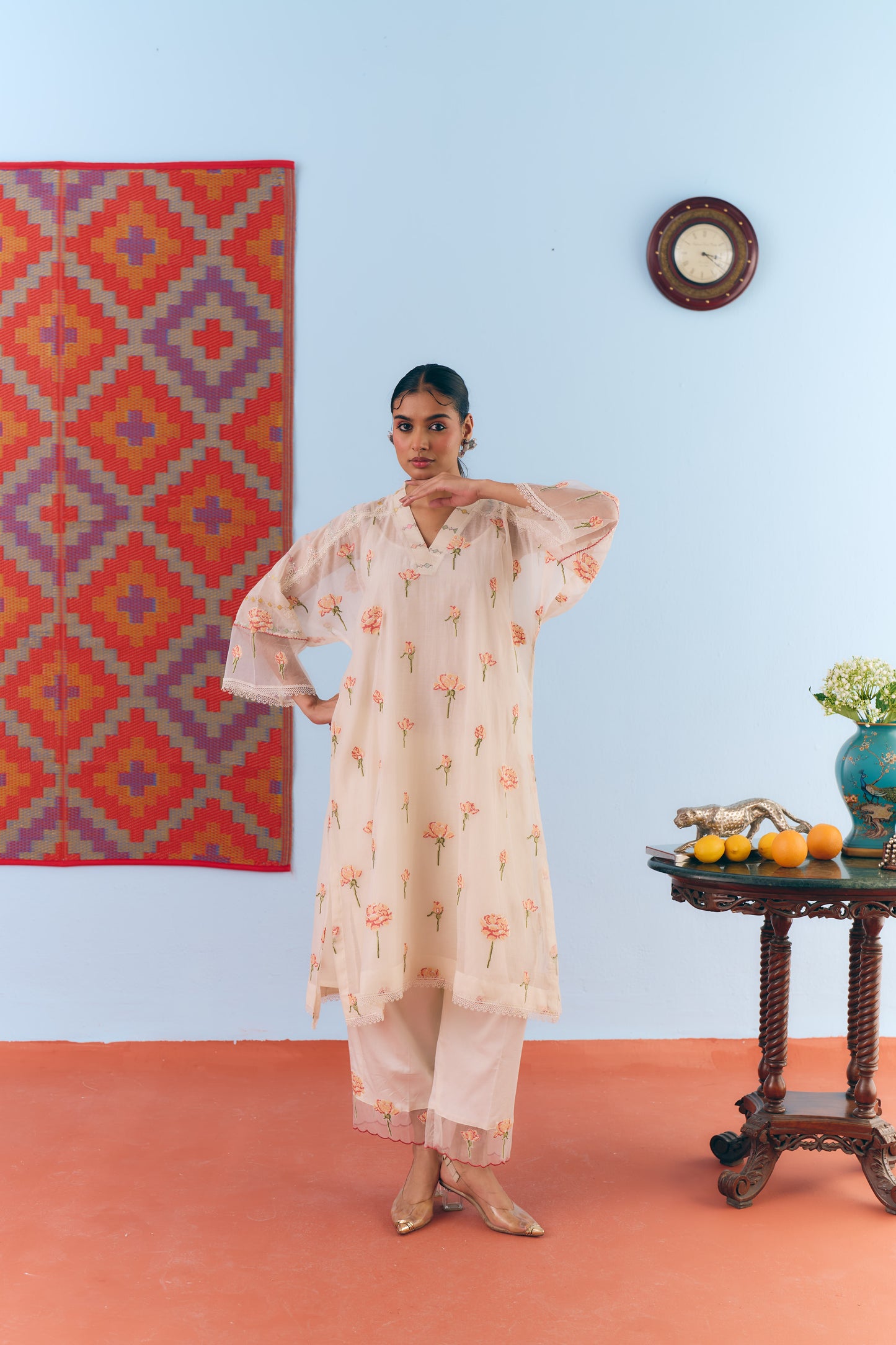 White Chanderi Antifit Co-ord with Pink Cross Stitch Embroidery