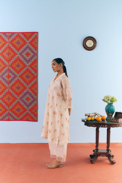White Chanderi Antifit Co-ord with Pink Cross Stitch Embroidery