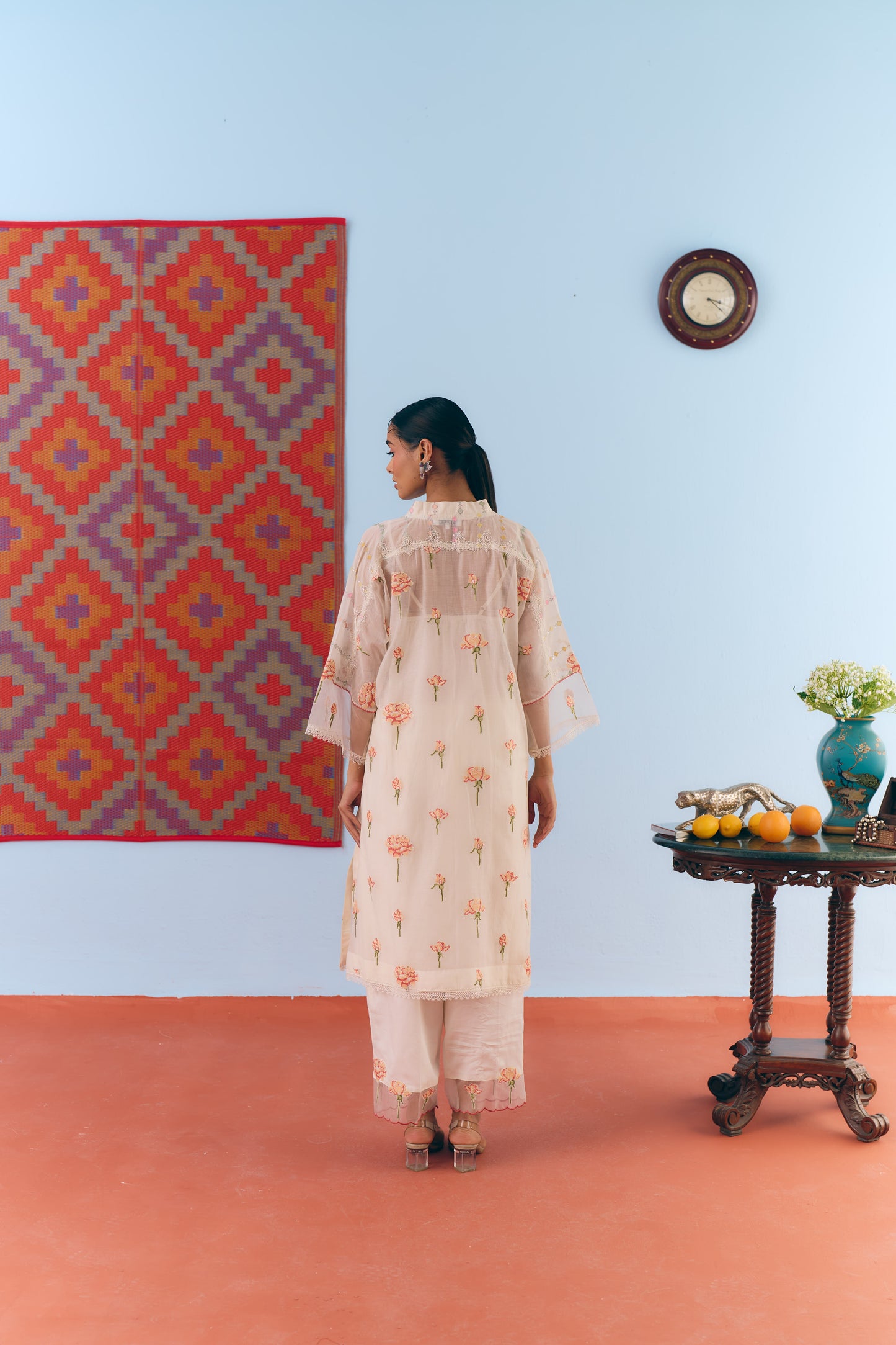White Chanderi Antifit Co-ord with Pink Cross Stitch Embroidery