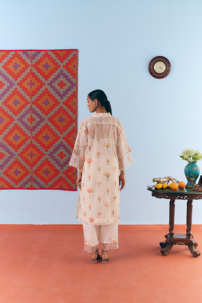 White Chanderi Antifit Co-ord with Pink Cross Stitch Embroidery