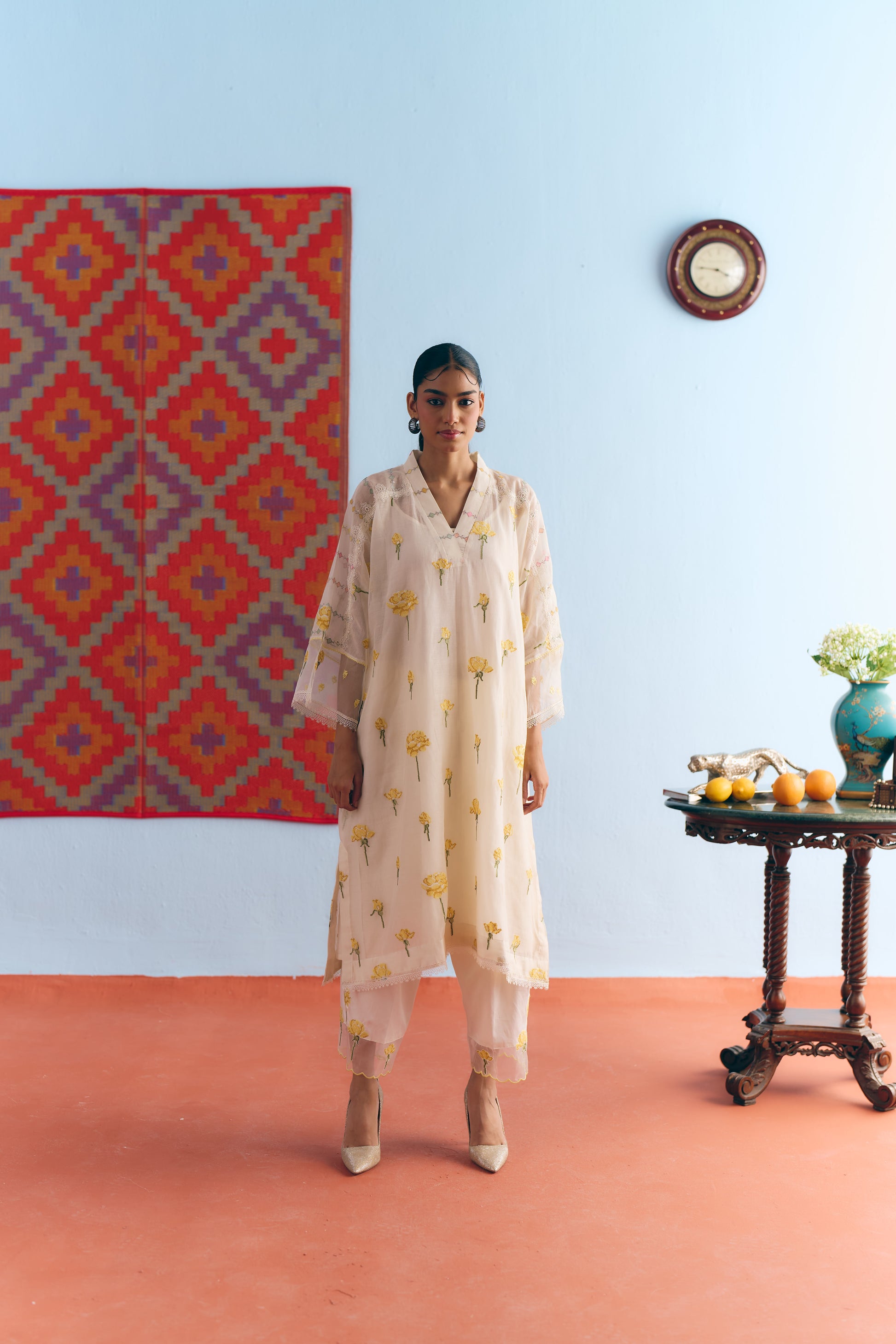 White Chanderi Antifit Co-ord with Yellow Cross Stitch Embroidery