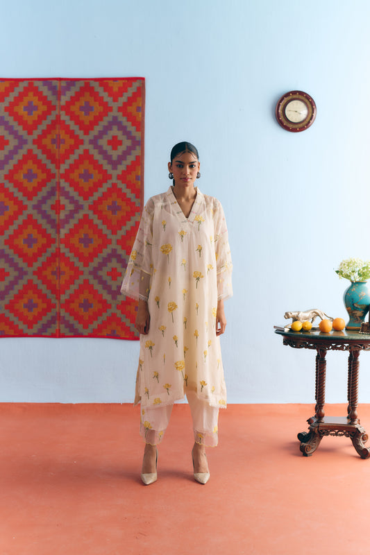 White Chanderi Antifit Co-ord with Yellow Cross Stitch Embroidery