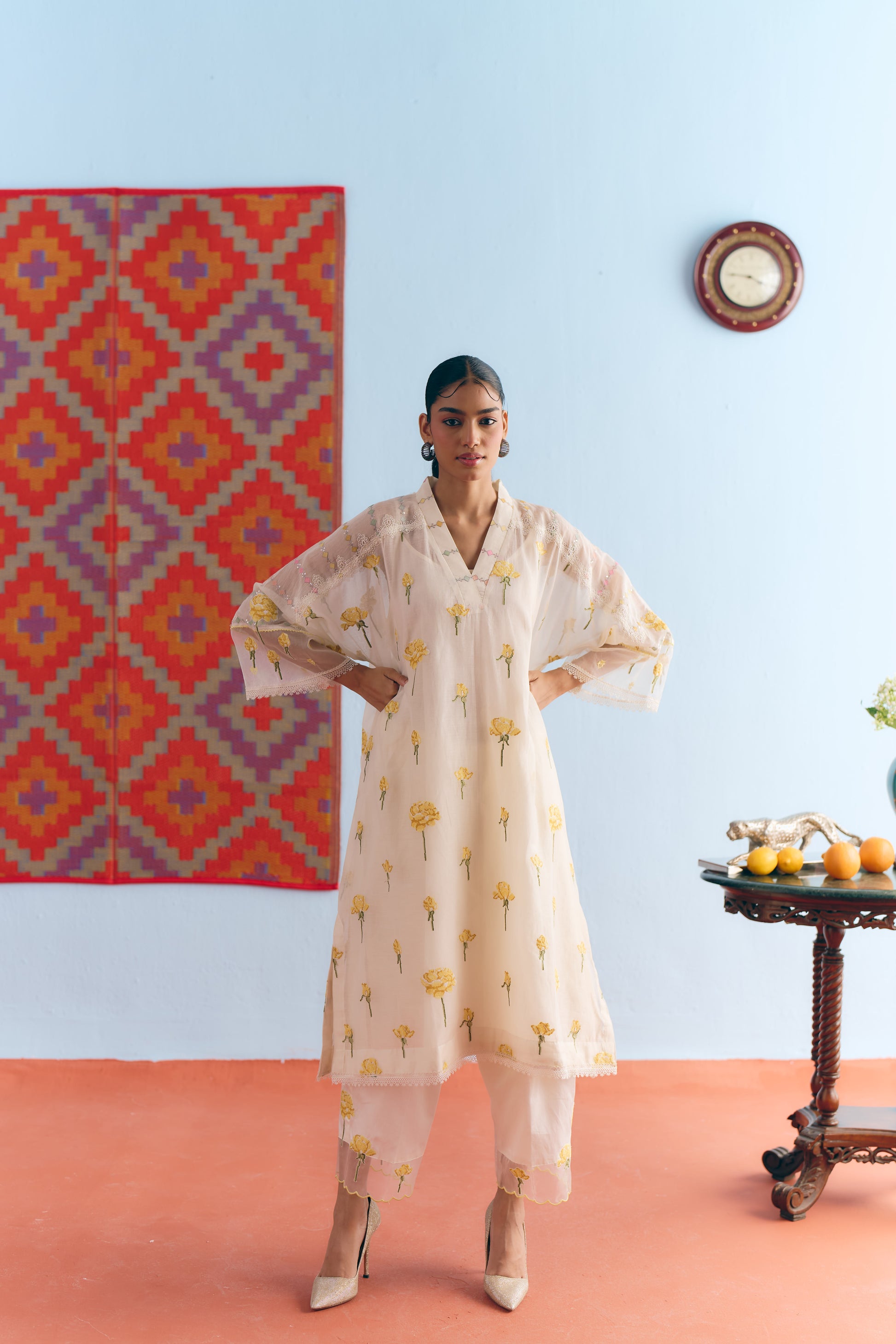 White Chanderi Antifit Co-ord with Yellow Cross Stitch Embroidery