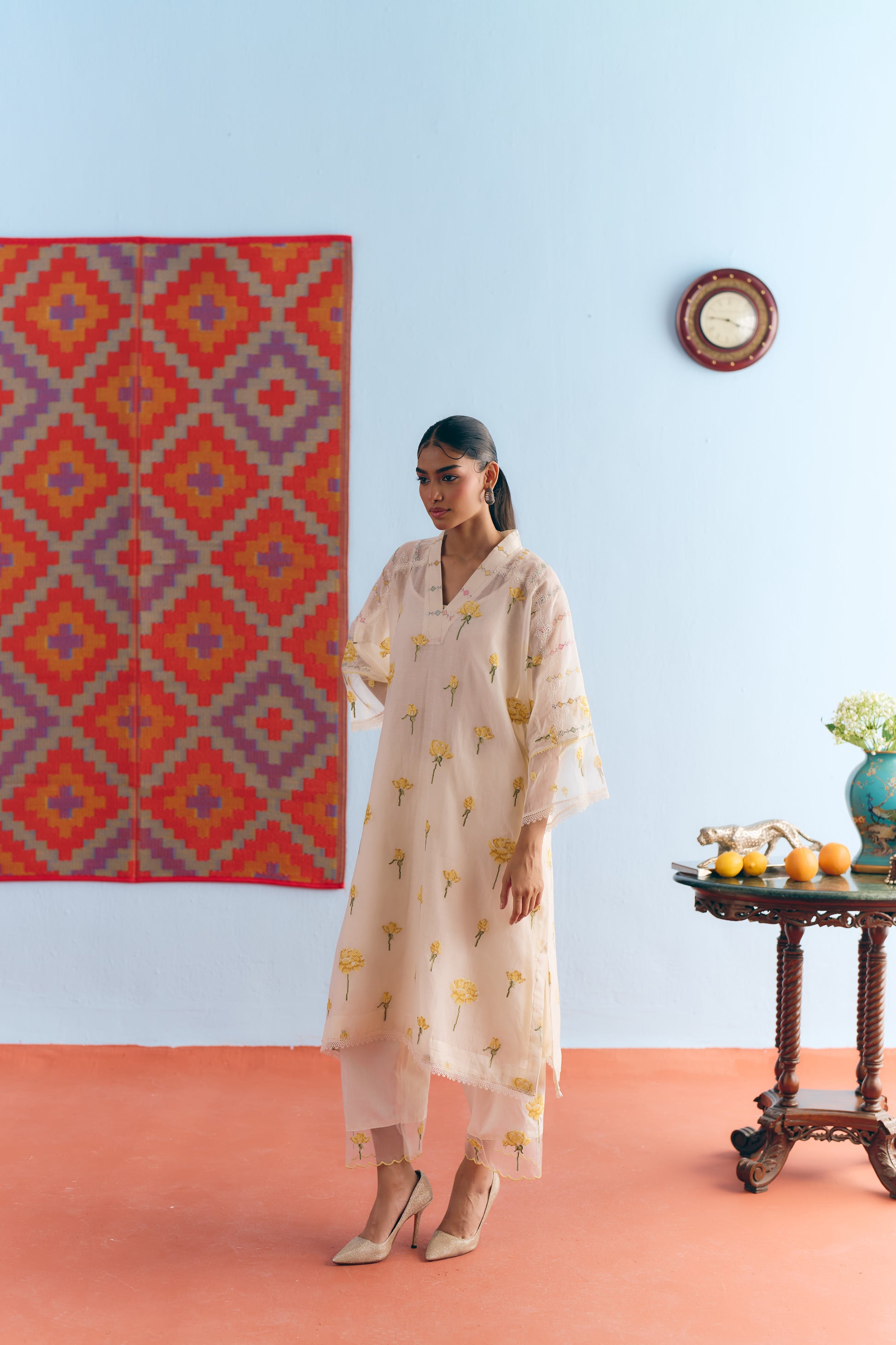 White Chanderi Antifit Co-ord with Yellow Cross Stitch Embroidery