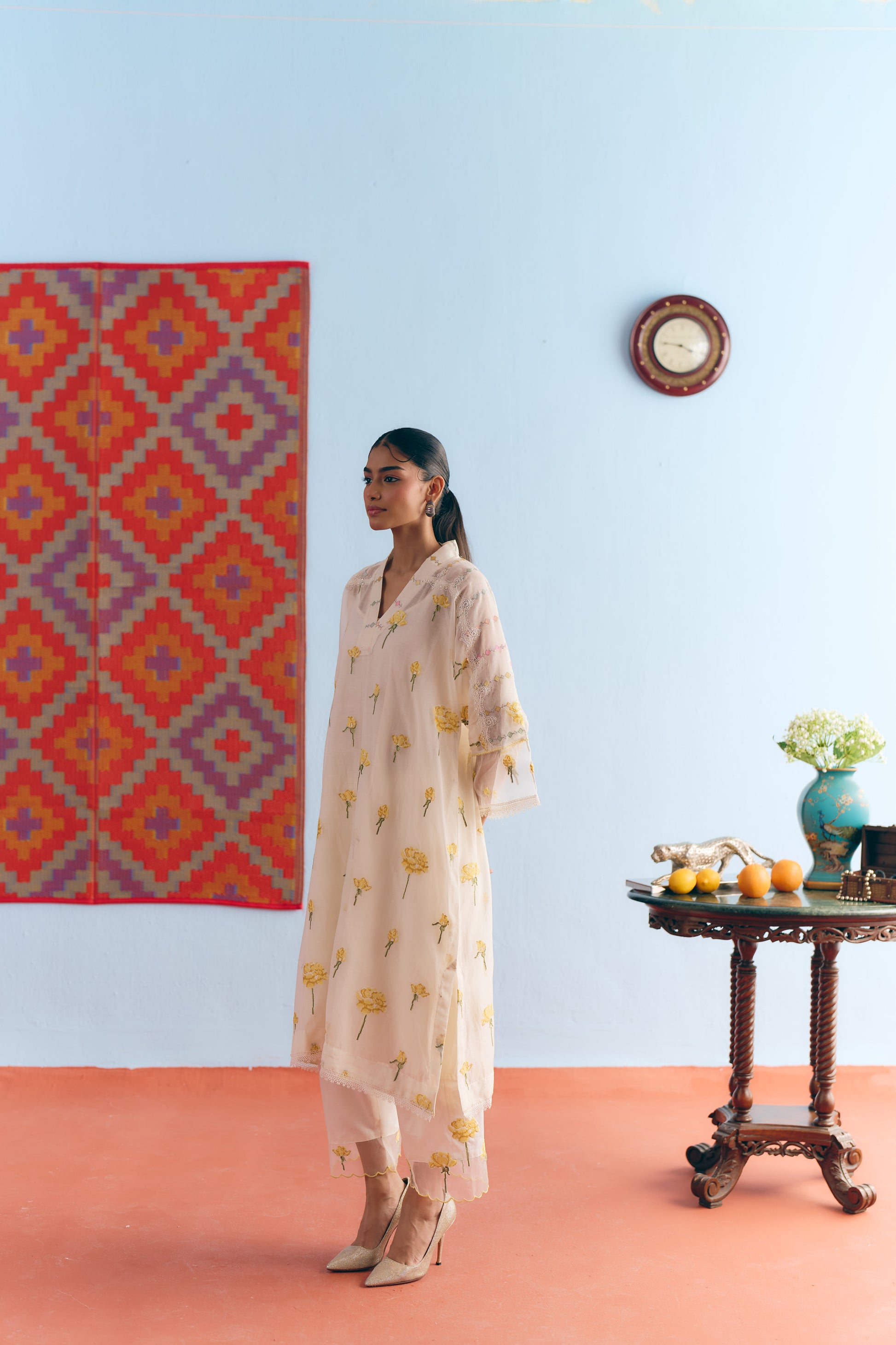 White Chanderi Antifit Co-ord with Yellow Cross Stitch Embroidery