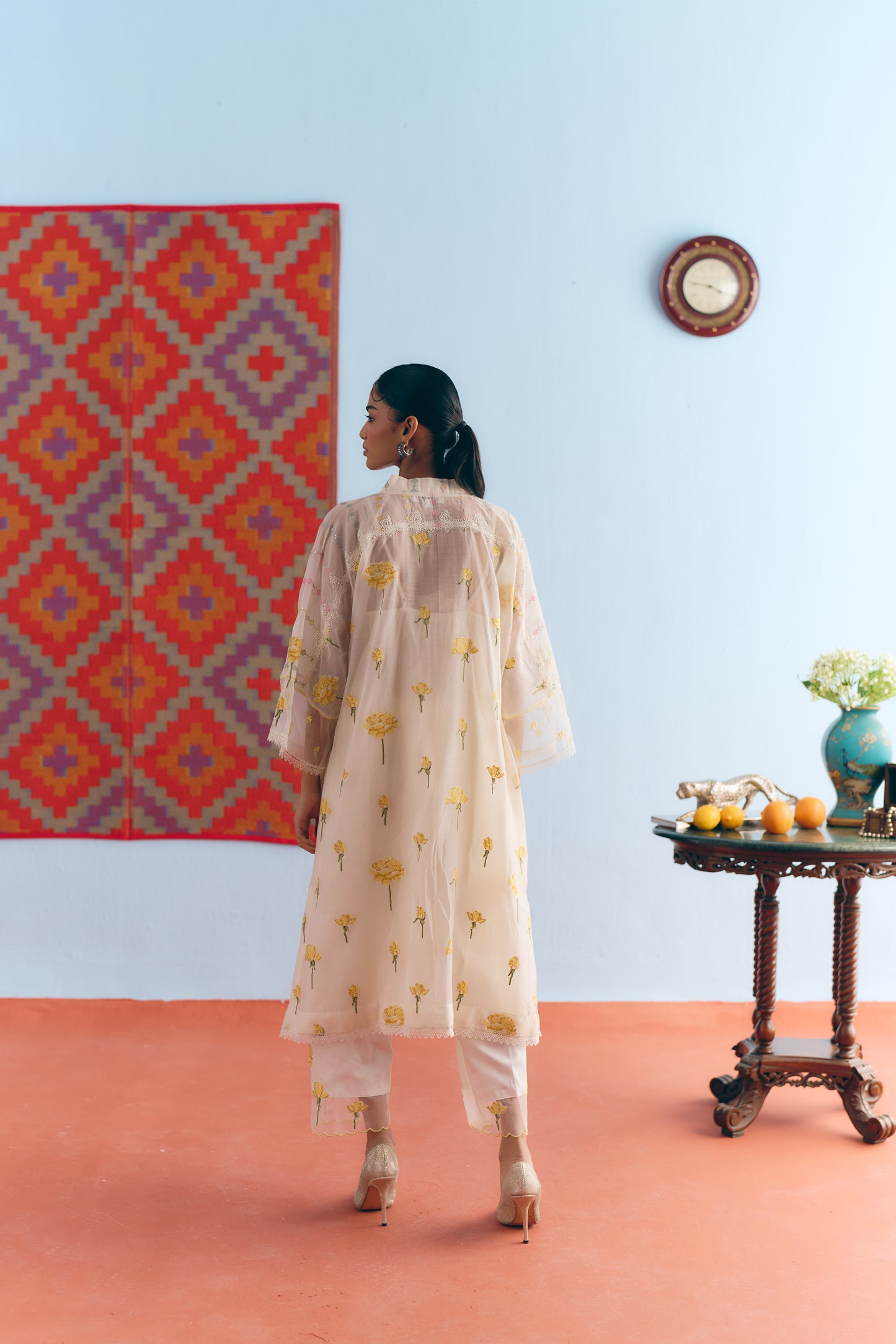 White Chanderi Antifit Co-ord with Yellow Cross Stitch Embroidery
