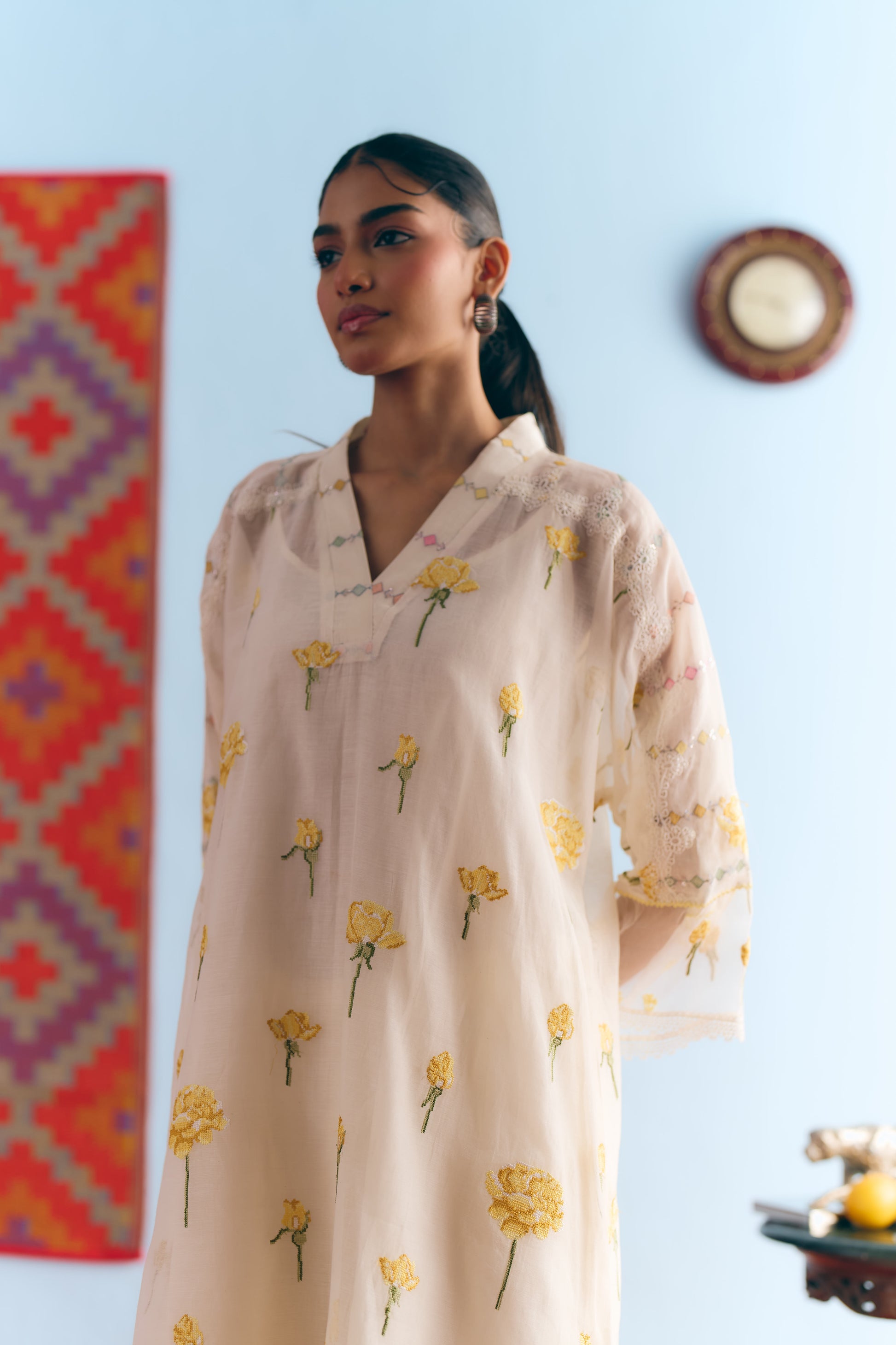 White Chanderi Antifit Co-ord with Yellow Cross Stitch Embroidery
