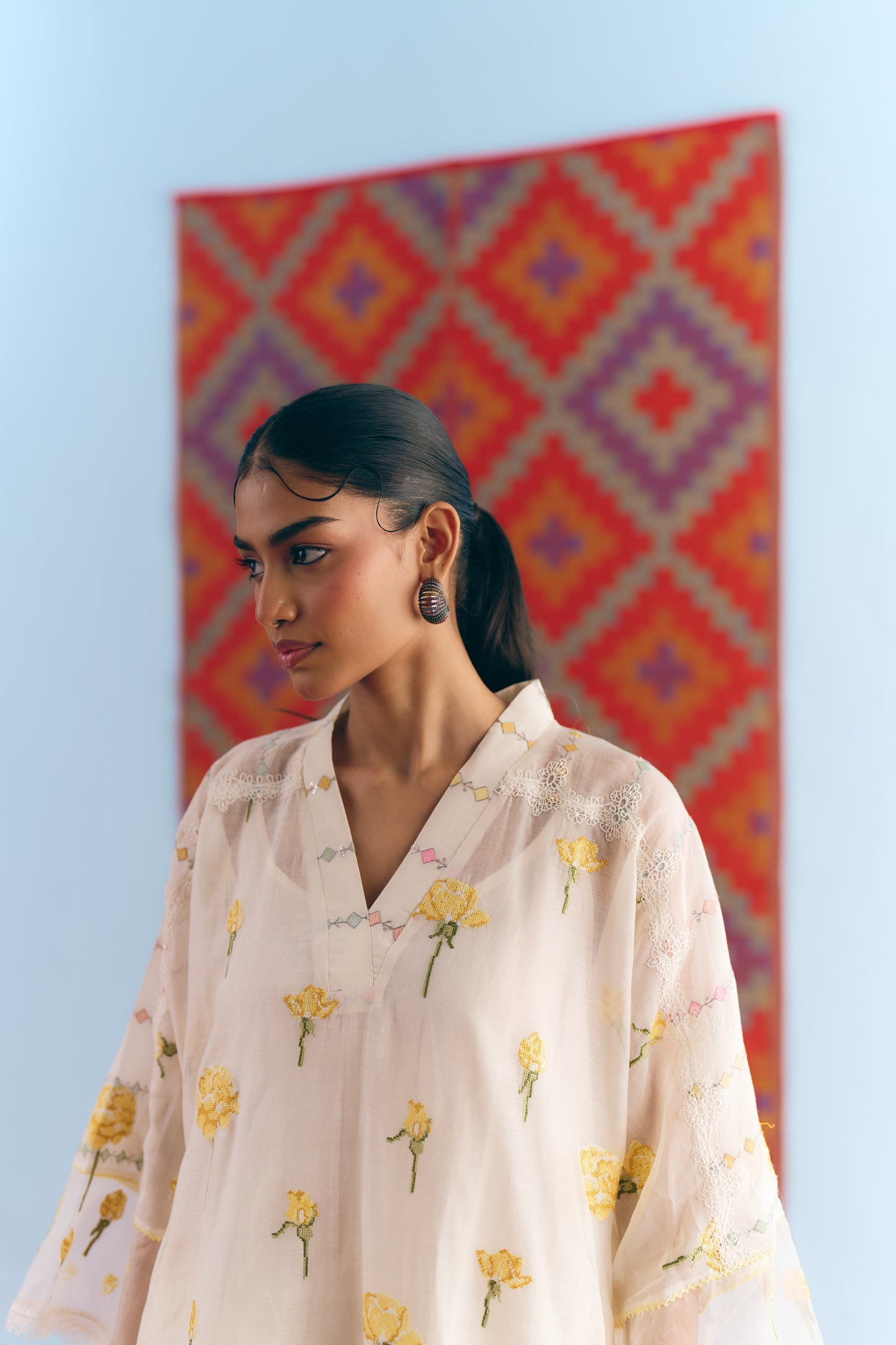 White Chanderi Antifit Co-ord with Yellow Cross Stitch Embroidery