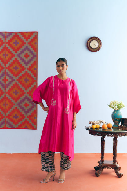Hot Pink Chinya Silk Antifit Co-ord with Silver Zari Embroidery