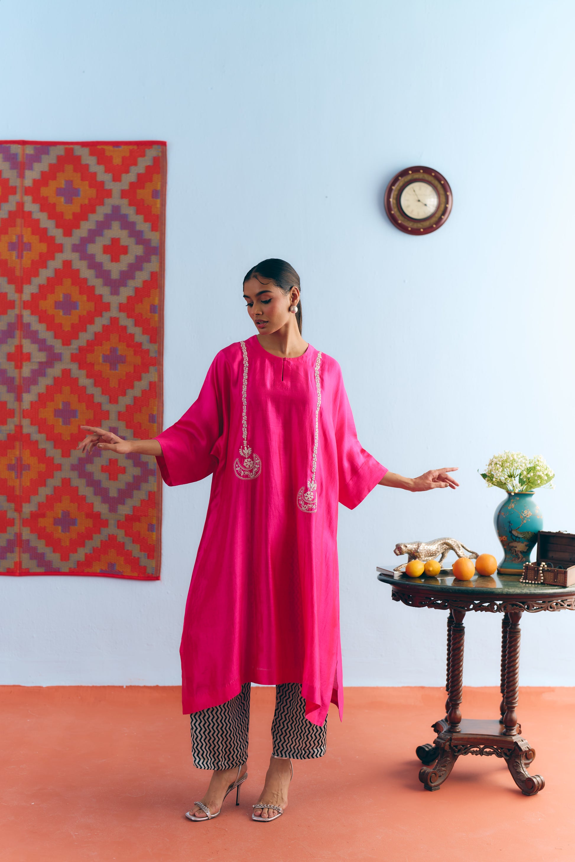 Hot Pink Chinya Silk Antifit Co-ord with Silver Zari Embroidery