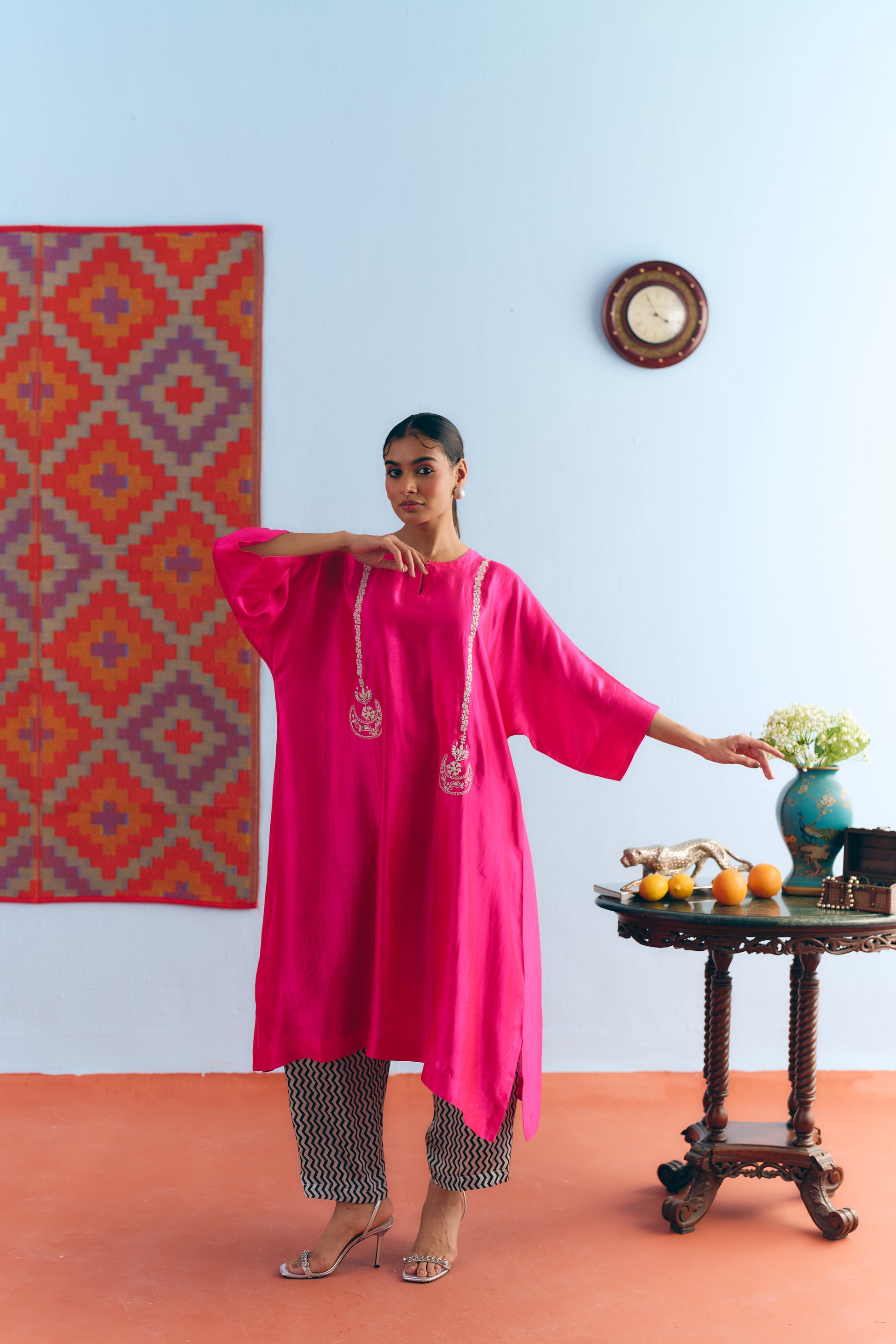 Hot Pink Chinya Silk Antifit Co-ord with Silver Zari Embroidery