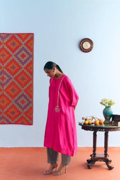 Hot Pink Chinya Silk Antifit Co-ord with Silver Zari Embroidery