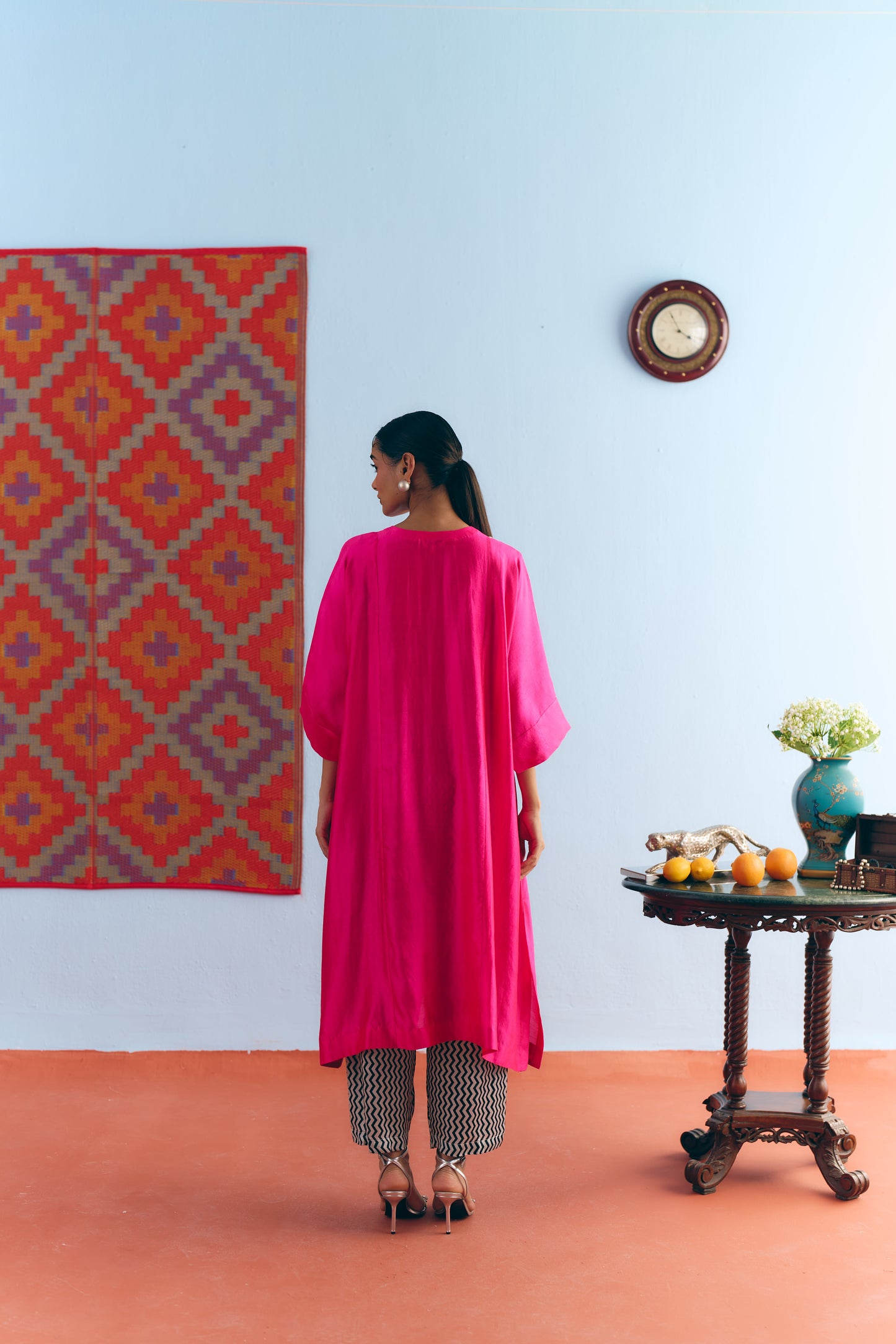 Hot Pink Chinya Silk Antifit Co-ord with Silver Zari Embroidery