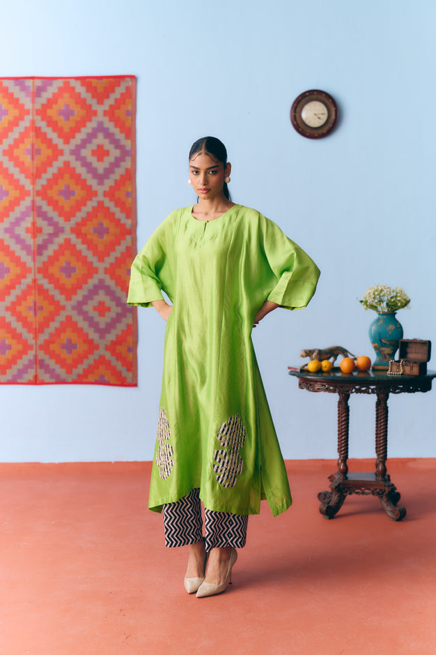 Lime Green Chinya Silk Antifit Co-ord with Zari & Chanderi Patchwork