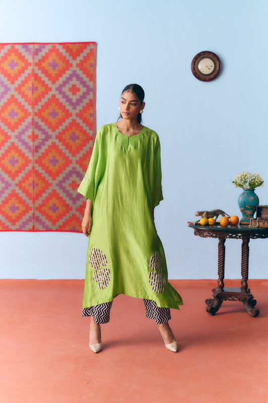 Lime Green Chinya Silk Antifit Co-ord with Zari & Chanderi Patchwork