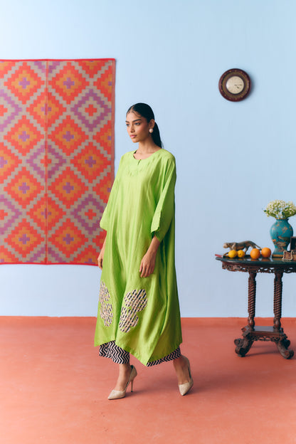 Lime Green Chinya Silk Antifit Co-ord with Zari & Chanderi Patchwork