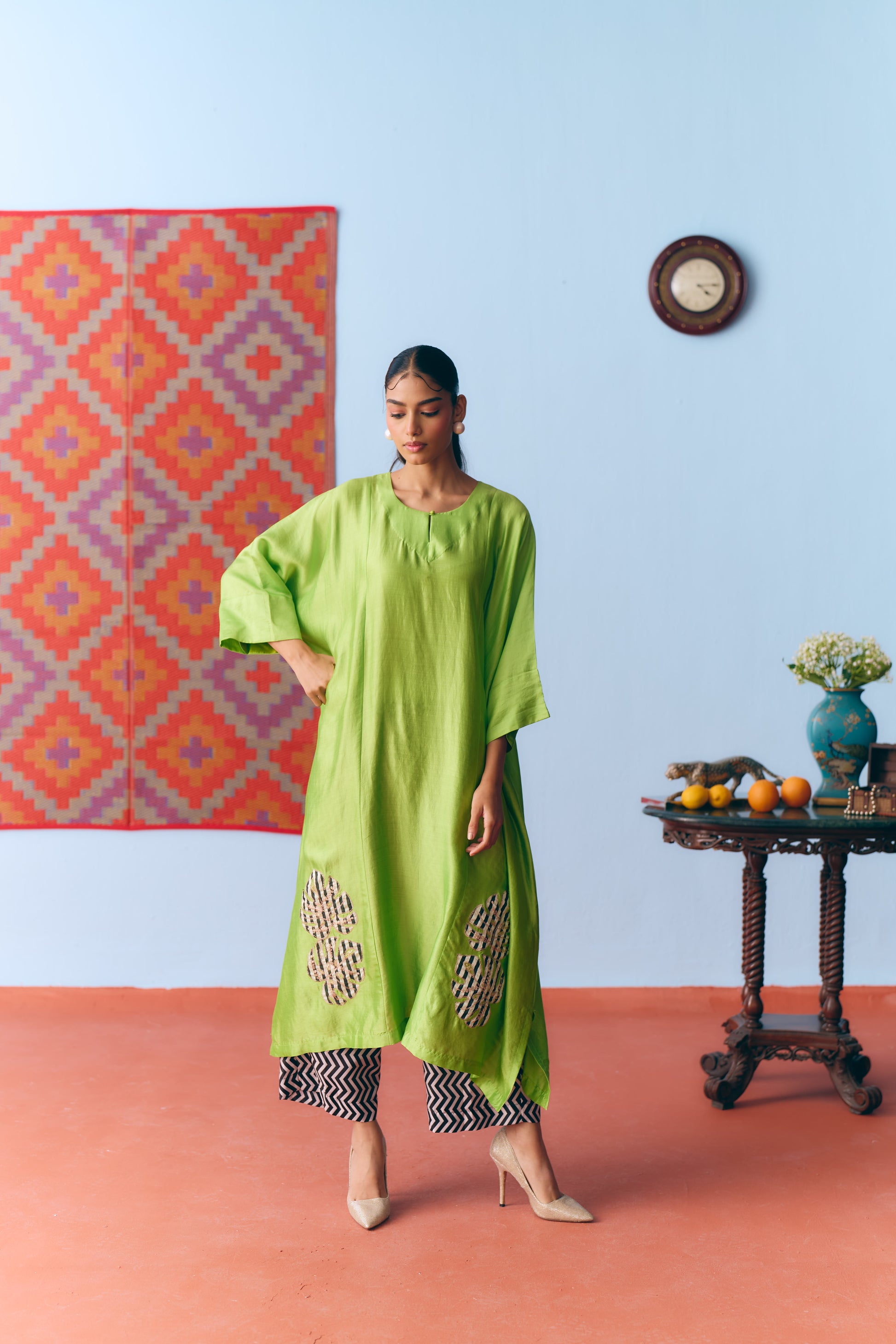 Lime Green Chinya Silk Antifit Co-ord with Zari & Chanderi Patchwork