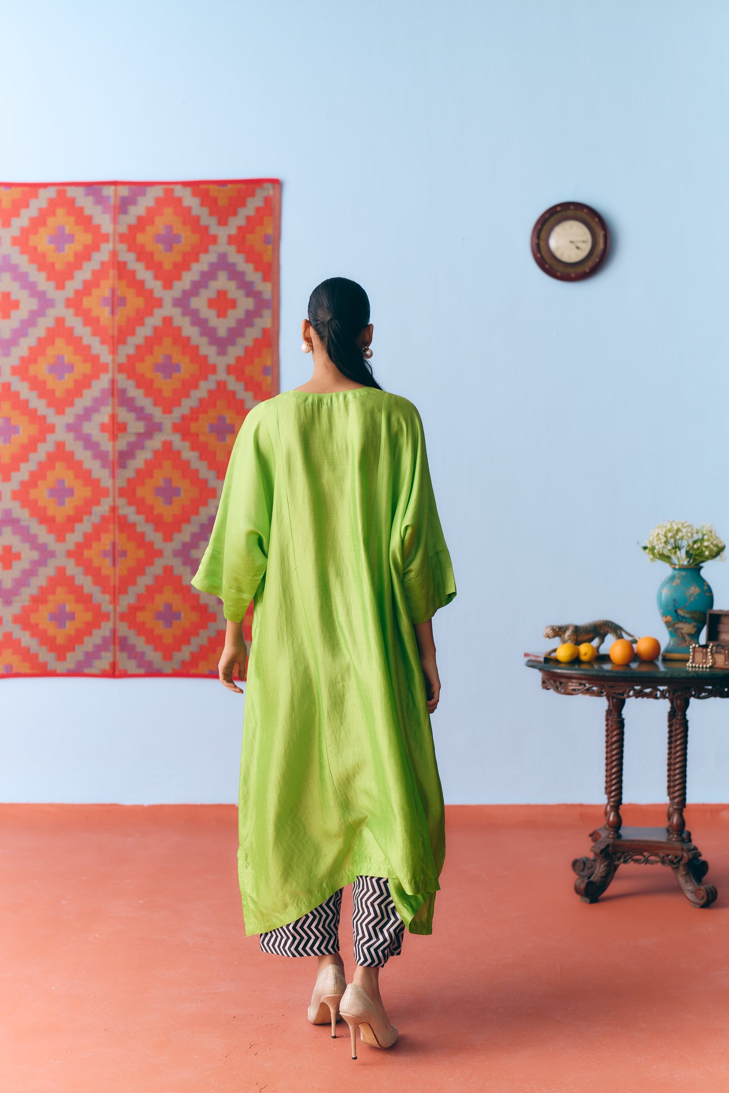Lime Green Chinya Silk Antifit Co-ord with Zari & Chanderi Patchwork